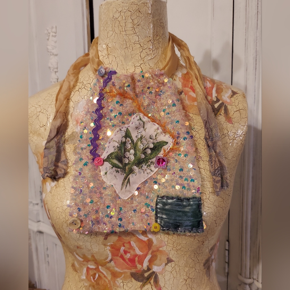 🪻JABOT 🪻Handcrafted/ Handsewn Sequin Necklace Adornment NWT One Of A Kind - Picture 2 of 13